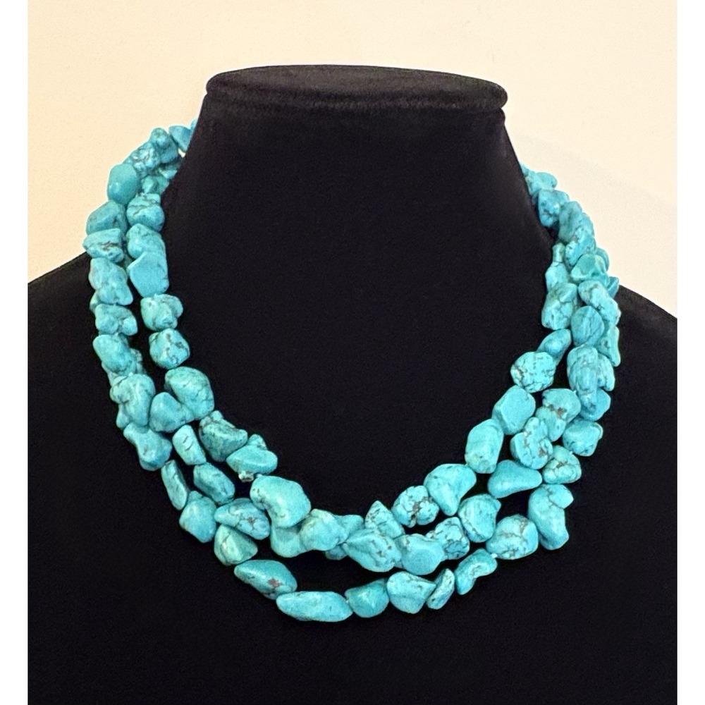 Lucas Lameth LUC 925 Sterling Blue Stone Nugget Bead 3-Strand Statement Necklace